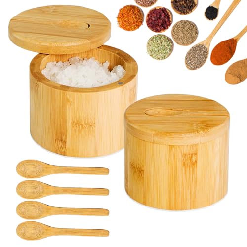 XingyLi Lot de 2 boîtes à sel rondes en bambou pour sel et épices avec couvercle pivotant magnétique et 6 cuillères, récipient à poivre et épices, pot à épices, bol, bocaux pour la cuisine