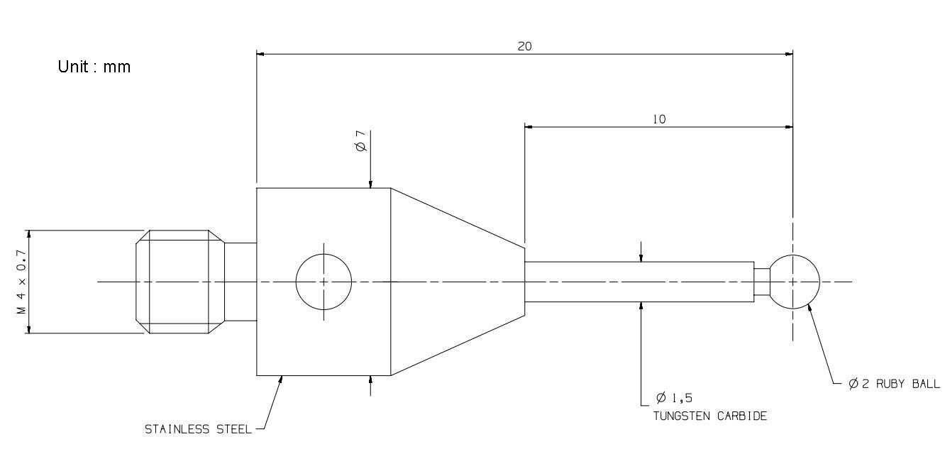 Inserti per pulsante per pulsante di misurazione tattile, filettatura M4, sfera di rubino Ø 2 mm, codolo in metallo duro, lunghezza 20 mm A-5003-2932.