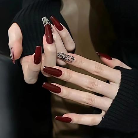 🔥 Fall Nail Inspo! 🍂 Red Coffin Acrylic Press-Ons with Gorgeous Designs ✨