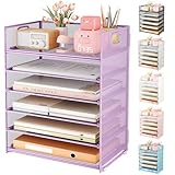Subekyu Organizador de bandeja de archivos de papel de 6 niveles para escritorio, bandeja deslizante apilable para almacenamiento de