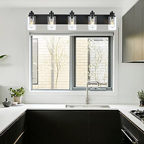 Image of 5-Light Black Bathroom Vanity Lights, 37 inch Modern Farmhouse Wall Sconces with Clear Glass Shade, Bathroom Wall Lamp for Mirror Bedroom Hallway Living Room Cabinet
