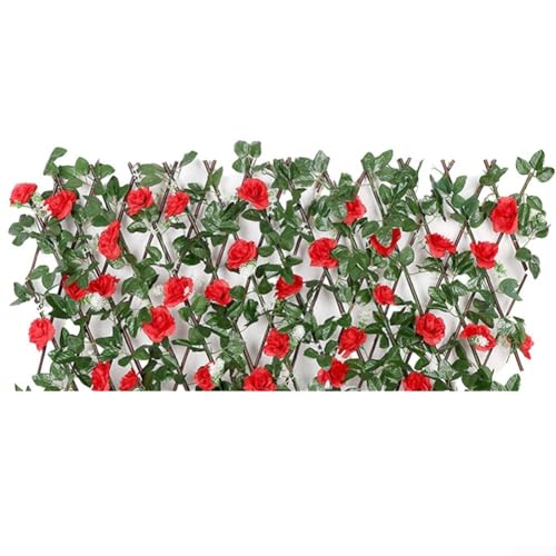 Eawfgtuw Clôture murale artificielle avec feuilles vertes et vignes télescopiques en bois pour balcon, jardin, protection contre l'intimité, treillis extensible (rouge)