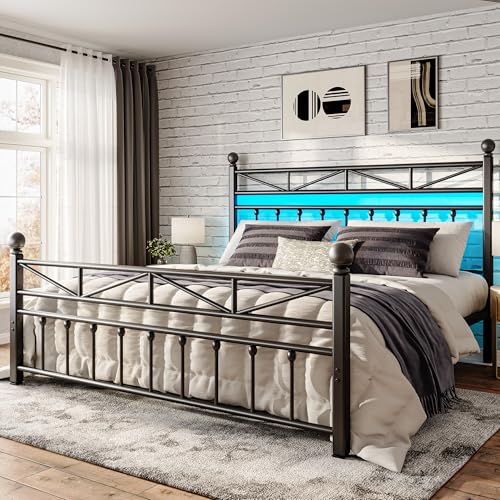 EnHomee 14.2' Metal King Bed Frame with Tall Headboard & Footboard, LED Light King Bed Frame, Strong Metal Slats Support and Noise-Free Design with Under Bed Storage/No Box Spring Needed/Black