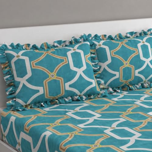 Image of VOMZER King Size (72x78) 300 TC Soft Cotton Feel Microfiber All Around Elastic Fitted Double Bedsheet with 2 Frill Pillow Covers | Aqua White
