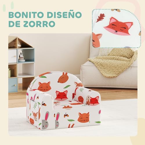 Miniatura 5 de Aiyaplay Sillón Infantil Con Estampado De Zorros, Sofá Para Niños De 18-36 Meses Con Funda Extraíble Y Lavable, Bolsillo Lateral, Reposabrazos, Carga 45 Kg, Blanco