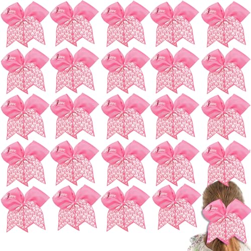 24PCS 7 Large Breast Cancer Awareness Cheer Hair Bows Glitter Pink Ribbon Bow Ponytail Holder for Cheerleader Girls Cheerleading Hair Accessories Elastic Hair Band for Kids Women (White Pink)