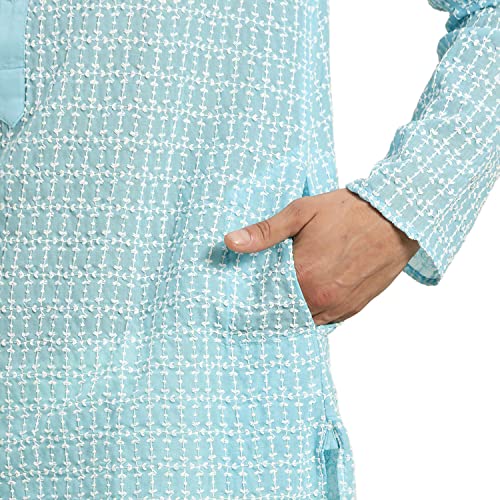 Image of SOJANYA (Since 1958, Men's Pure Cotton Blue Kurta with White Embroidery