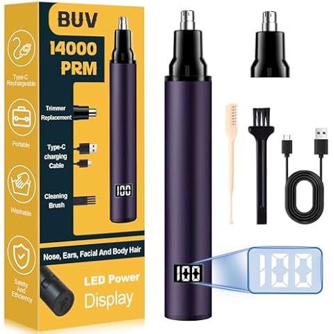 Nose Hair Trimmer for Men and Women with LED Display 2024 Professional Painless Aluminum Alloy USB Rechargeable Facial & Nose Hair Trimmer Clipper 14,000 RPM Waterproof Dual Edge Blades, Purple Black Cover