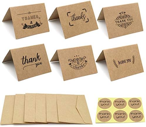 36PCS Thank You Greeting Cards, 6 Designs Thank You Cards Pack Note with 36PCS Envelopes and 36PCS Stickers for Wedding, Bridal Shower, Baby Shower, Christmas, Business