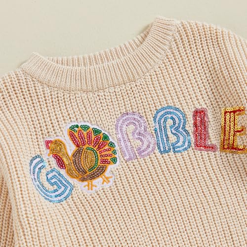 Honganda Infant Baby Girl Boy Thanksgiving Sweater Long Sleeve Gobble Sequin Letters Embroidery Pullover Knitwear Outfit4