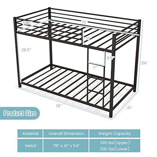 KOMFOTT-Metal-Low-Bunk-Bed-Twin-Over-Twin-Heavy-Duty-Bunk-Bed-Frame-with-Ladder-Full-Length-Guardrails-Metal-Slatted-Floor-Bed-Frame-for-Teens-Adults-No-Box-Spring-Needed-Black