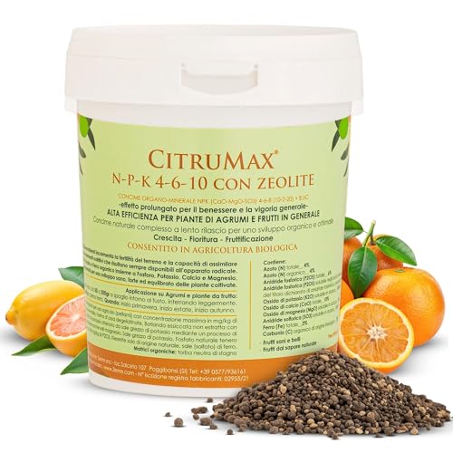 CITRUMAX® Concime per Agrumi Biologico 1,2 Kg | Granulare Lenta Cessione NPK 4-6-10 con Calcio, Ferro, Magnesio e Zeolite | Concime per Limoni in Vaso | Nutrizione Completa per Frutti di Qualità