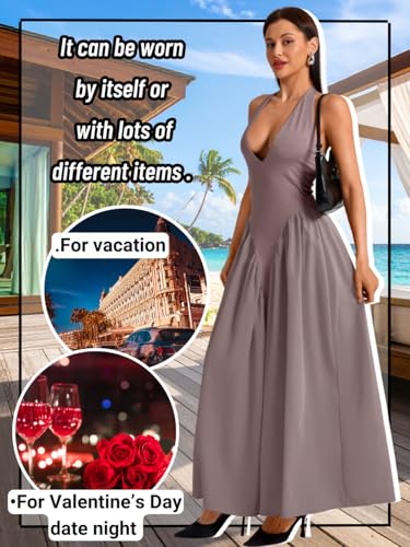Image of ChiaoLezhee Deep V Neck Dress, Halter Maxi Dresses, Vacation Date Night, Sexy for Women Corset Flowy Wedding Guest Drop Waist