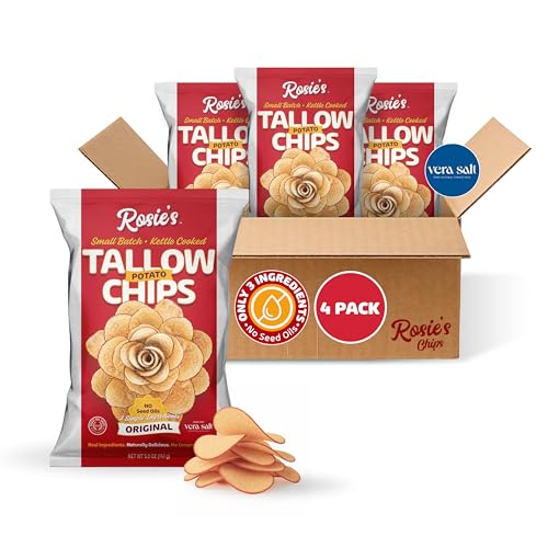 Rosie’s Beef Tallow Chips – Kettle Cooked Potato Chips in Grass Fed Beef Tallow – Non-GMO Idaho Potatoes with Vera Sea Salt – Seed Oil Free Snacks – 5oz Bags (4 Pack)