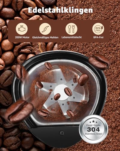 Foto von Aigostar kaffeemühle Elektrisch mit Edelstahl Schlagmesser 60g 200W Schwarz - Schnelle & Uniform Gewürzmühle mit Reinigungsbürste, BPA-frei, für Kaffeebohnen, Getreide, Gewürze und Nüsse Mühle