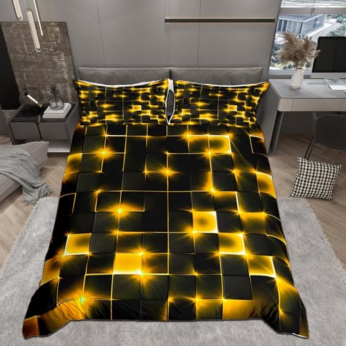 Castle Fairy Duvet Cover Set Full Size,3D Modern Abstract Square Grid Comforter Cover with 2 Pillowcases,Golden Neon Light Geometric Print Breathable Bedspread for Boys Teens