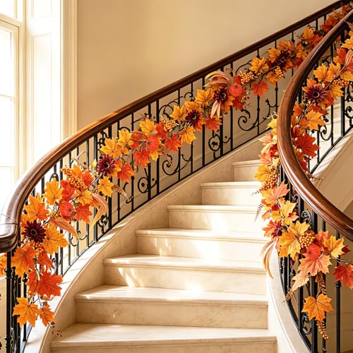 Image of RoseCraft 2PCS Fall Garland, 6FT Autumn Pumpkin Maple Leaf Garland Fall Decor, for Home Harvest Thanksgiving Fireplace Front Door Indoor Outdoor Holiday Party Decorations.