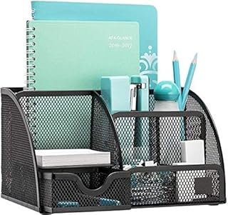 Desk Organizer – Mesh Metal Office Organizer with 6 Compartments and Drawer, Pen Holder for Pens, Sticky Notes, Staplers, and Clips (Black)