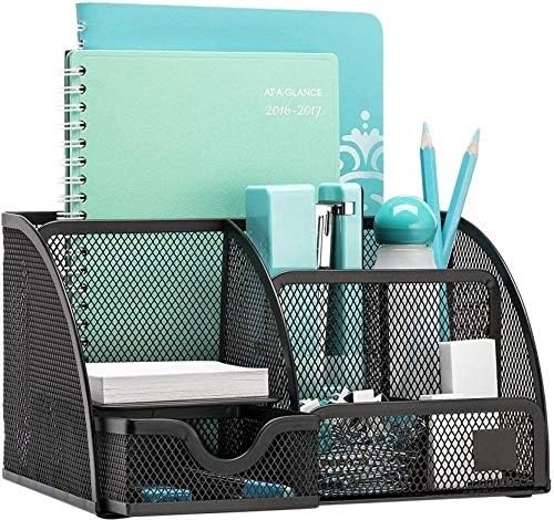 FORKLS Desk Organizer – Mesh Metal Office Organizer with 6 Compartments and Drawer, Pen Holder for Pens, Sticky Notes, Staplers, and Clips (Black)