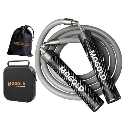 MOGOLD 1LB Weighted Jump Ropes for Fitness Men/Women with Heavy-Duty PVC Wire Cable & Durable Leather Skipping Rope Handles Best for Fitness High-Intensity Strength Workouts (Grey XL - 96(User Height 60 +))
