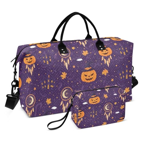 Halloween Pumpkins Castle Travel Duffel Bag for Men Women with Makeup Bag Weekend Overnight Carry On Bags for Airline Under Seat Travel