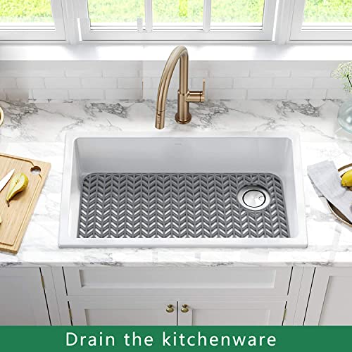 Image of GUUKIN Sink Protectors for Kitchen Sink - 28.6 inchx 14.5 inch Silicone Kitchen Sink Mat Grid for Bottom of Farmhouse Stainless Steel Porcelain Sink with Right & Left Drain(Grey), 2814R