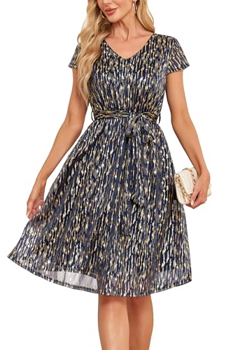 Women's Sparkly Glitter Summer Cocktail Party & Wedding Guest Dress - Short Sleeve with Pockets