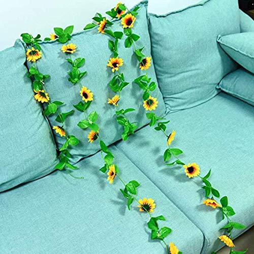 Healthcom 4 Packs 8.5Ft/Pcs Artificial Sunflower Garland Silk Sunflower Vine Yellow Flower Green Leaves Outdoor Fake Hanging Plants Hang Garland Porch Patio Home Garden Christmas Party Wedding Decor #TOP4