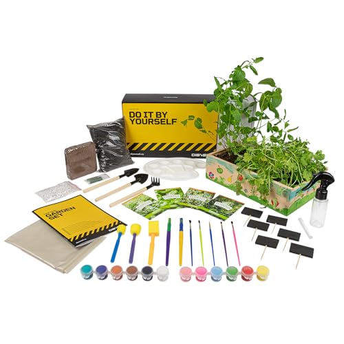 DIYBS Kit Jardineria Niños | Juego Completo de Jardinería con Semillas de Hierbas, Herramientas de Madera, Tierra, Colores y Caja de Cultivo para Pintar | Idea de Regalo Creativa | Set de Plantas