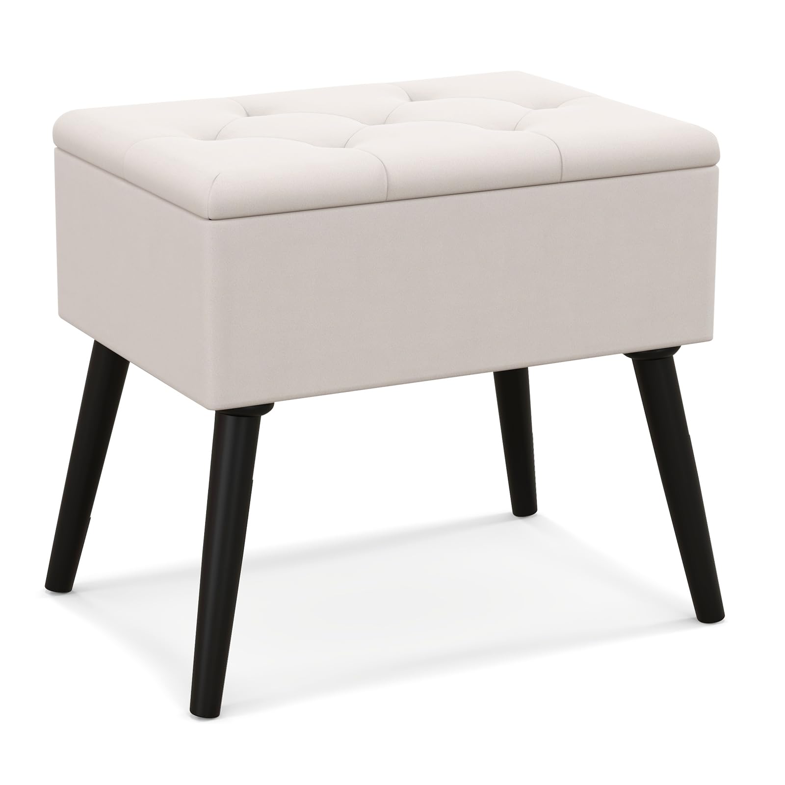 COSTWAY Flip Top Velvet Footstool, Modern Upholstered Dressing Vanity Stool Seat with Solid Wood Legs, Pouffe Storage Ottoman Footrest for Bedroom, Living Room and Hallway (Beige)