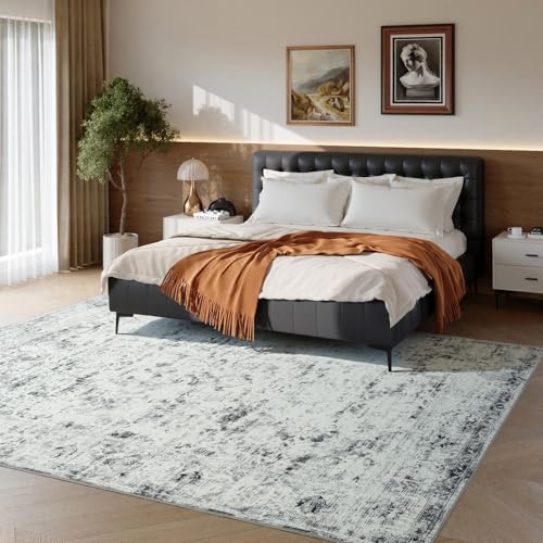 Unirea 8x10 Area Rug for Living Room, Large Washable Grey White Rugs, Thin Non Slip Low Pile Carpet, Vintage Abstract Boho Rug for Bedroom, Dining Room, Farmhouse, Home Office, Gray - Image 4