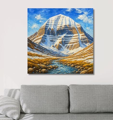 Image of Kunj Cart Mount Kailash Painting | 10+ DESIGNS | Kailash Parvat Canvas Painting for Living Room, Temple Home & Office Wall Decoration (Blue Kailash Mountain, 24x24 Inch, Framed)