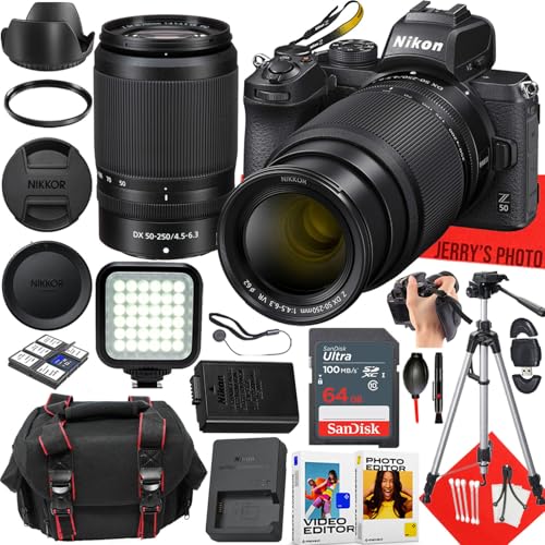 Image of Nikon Z50 Mirrorless Camera with Nikon NIKKOR Z DX 50-250mm f/4.5-6.3 VR Lens + 64 GB Memory + LED Light + Camera Case + Tripod + More (25pc Bundle) (Renewed)