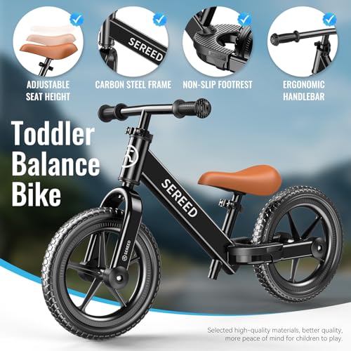 Image of SEREED Toddler Balance Bike 2 Year Old, No Pedal Kids Bicycle Toys for 2-5 Years Old, Tool-Free Adjustment, Customize Plate with Stickers, Gift for 2-3 Boys Girls (Black)