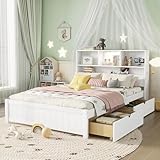 Luckiofvonne Twin Bed Frame with Bookcase Headboard and Charging Station, Wood Captain Bed with Light and Storage Drawers for Kids Boys Girls, Noise Free, No Box Spring Needed, White