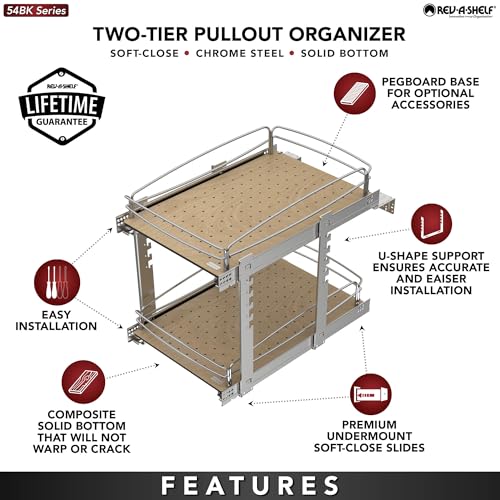 Image of Rev-A-Shelf 2 Tier Pull Out Kitchen Cabinet Storage Organizer with Solid Bottom & Undermount Soft-Close Full Extension Slides, 54BK-18SC-2-1