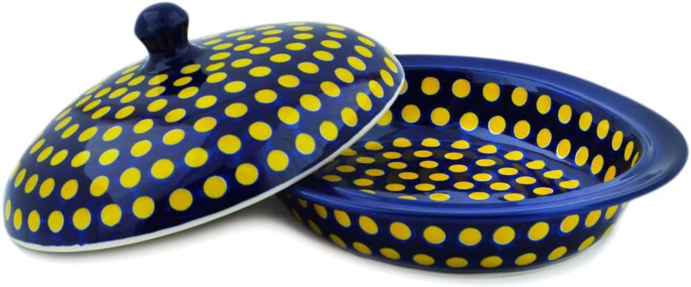 Polmedia Polish Pottery Baker with Cover - Yellow Dots Pattern Handmade in Boleslawiec Poland by Ceramika Artystyczna + Certificate of Authenticity