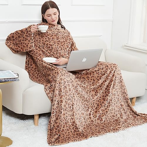 softan Cuddly Blanket with Sleeves and Foot Pocket for Adults Women Men, Lightweight Soft Plush TV Blanket Wrap Throw with Sleeves and Adjustable Velcro Sticker 130 x 186 cm (Leopard)