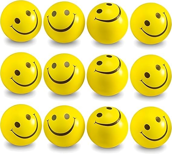 Heart Beat Stress Relief Smiley Balls, Yellow Squeeze Toys, Pack of 12, Non-Toxic Soft Sponge Balls for Kids and Adults