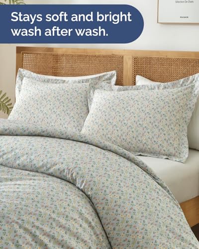 Image of Duvet Cover Cal King Size Set - Extra Soft Floral Duvet Cover 104 x 98 with 2 Pillow Shams - Comfy, Cozy, Breathable Bedding Set - Hotel Luxury with Zipper Closures & Ties - Sage Cottage Floral