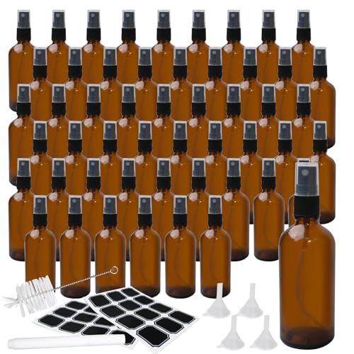 52 Pcs 4 Oz Amber Glass Spray Bottles with Funnel, Brush & Labels Set Small Spray Bottle for Travel, Oil Spray & Mist