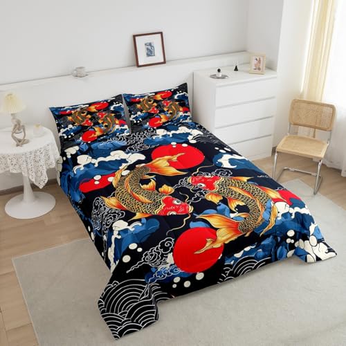 Image of Feelyou Japanese Bedding Set Japanese Ukiyoe Fish Comforter Set for Kids Boys Girls Teens Decor Ocean Surfing Koi Comforter Exotic Quilt for All Season 2Pcs Twin Size with 1 Pillow Case