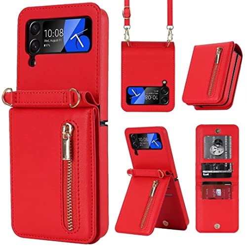 Étui Galaxy Z Flip 4 portefeuille rouge anti-perte avec fermeture éclair et sangle