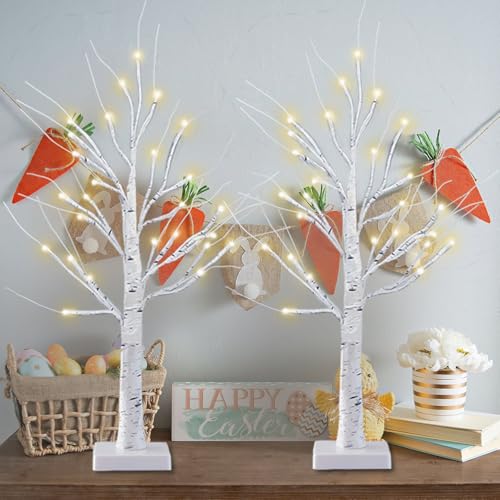 2-Pack 2FT Lighted Birch Tree with Timer for Easter Decorations Indoor, Artificial Birch Tree with 48 LED Warm White Lights, Fairy Light Tabletop Centerpiece Tree for Christmas Winter Deocrations