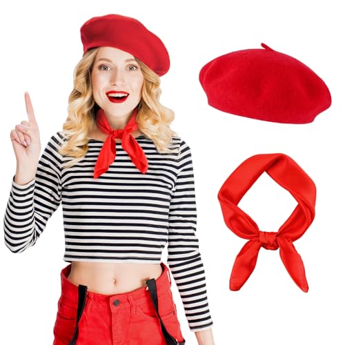 DOCILA Red Berets for Women Ladies Silk Bandana Scarf Retro French Themed Party Painter Cap 50s Cosplay Outfits Accessories Halloween Christmas Costume Gift