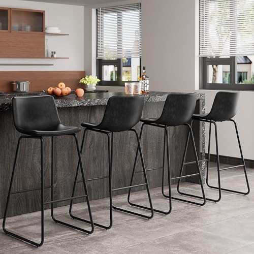 Image of REONEY Bar Stools Set of 4, 30 inch Urban Faux Leather Counter Stools, Black
