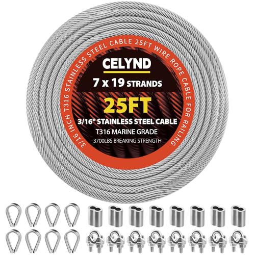 CELYND Stainless Steel Cable for Railing - 25FT 3/16 T316 Wire Rope - 7 x 19 Strands 3700 LBS Breaking Strength with Clamps Thimbles and Crimping Sleeves for Outdoor Deck Railing DIY Projects