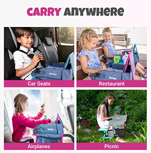Image of Kids Travel Tray with Dry Erase Board - Car Seat Tray for Kids Travel, Carseat Table Top for Toddler, Lap Desk for Car Seat, Activity Organizer & Snack Holder, Road Trip Essentials for Kid (Pink)