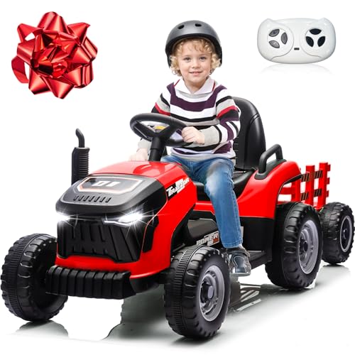 JOYRACER 24V Ride On Tractor for Kids, Electric Ride on Toys w/400W Motors, Tiltable & Detachable Trailer, Adjustable Seat, Bluetooth, Music, Remote Control Electric Tractor for Kids, Red