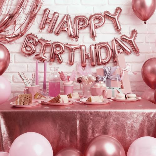 Image of Rose Gold Happy Birthday Balloon Banner Foil Balloons - 16 Inch Mylar Letters Balloons, Reusable Birthday Decorations for Men, Women Party Supplies